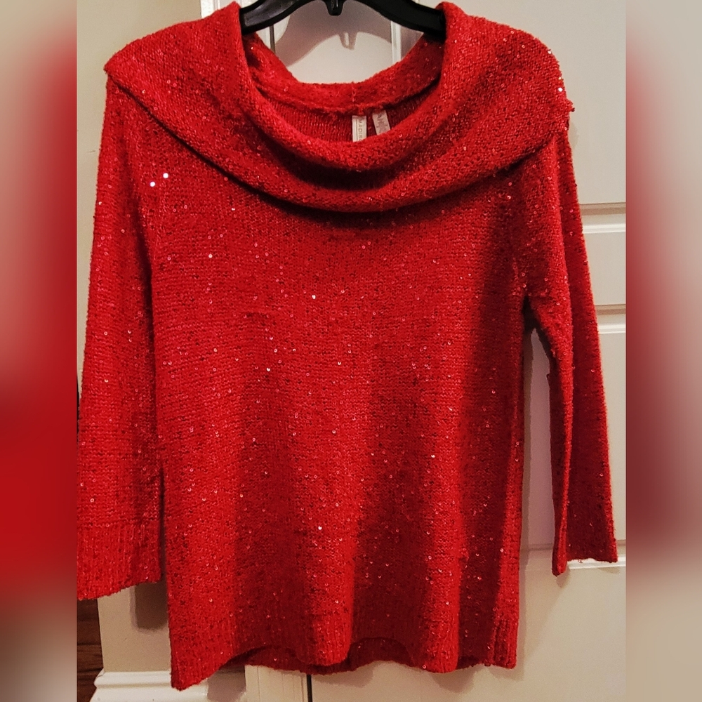 Madison Red Sequin Cowl Neck Sweater Small 3/4 Sleeves Pullover - Picture 9 of 16